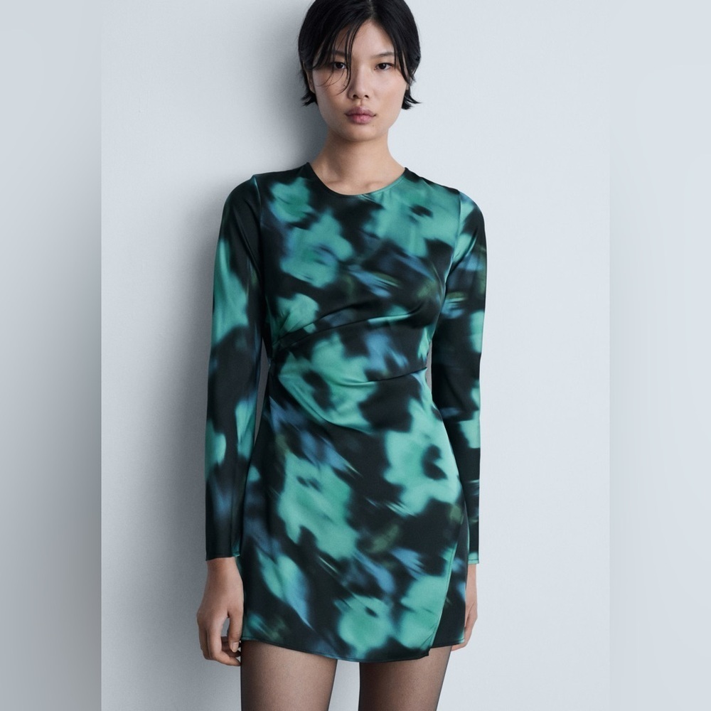 Mango green and black printed short dress NWT